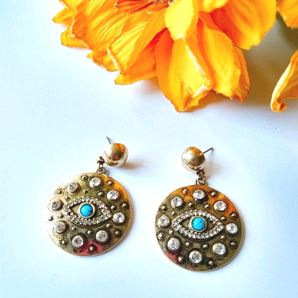 Evil Eye Crystal Vintage Gold Dangle Earrings - Picture 3 of 7